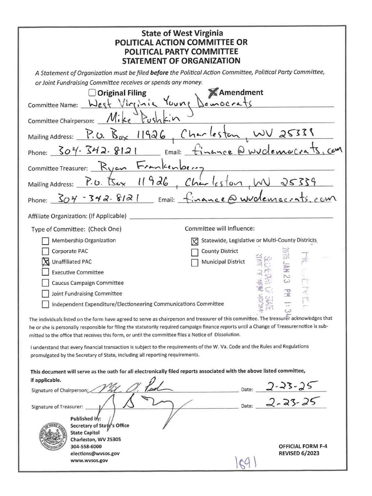 Preview of WVYD F-4 Statement of Organization — Pushkin/Frankenberry (January 23, 2025)